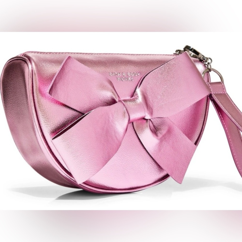 Share Bath Body Works Metallic Pink Bow Mini Cosmetic Bag Makeup Zippered Wristl